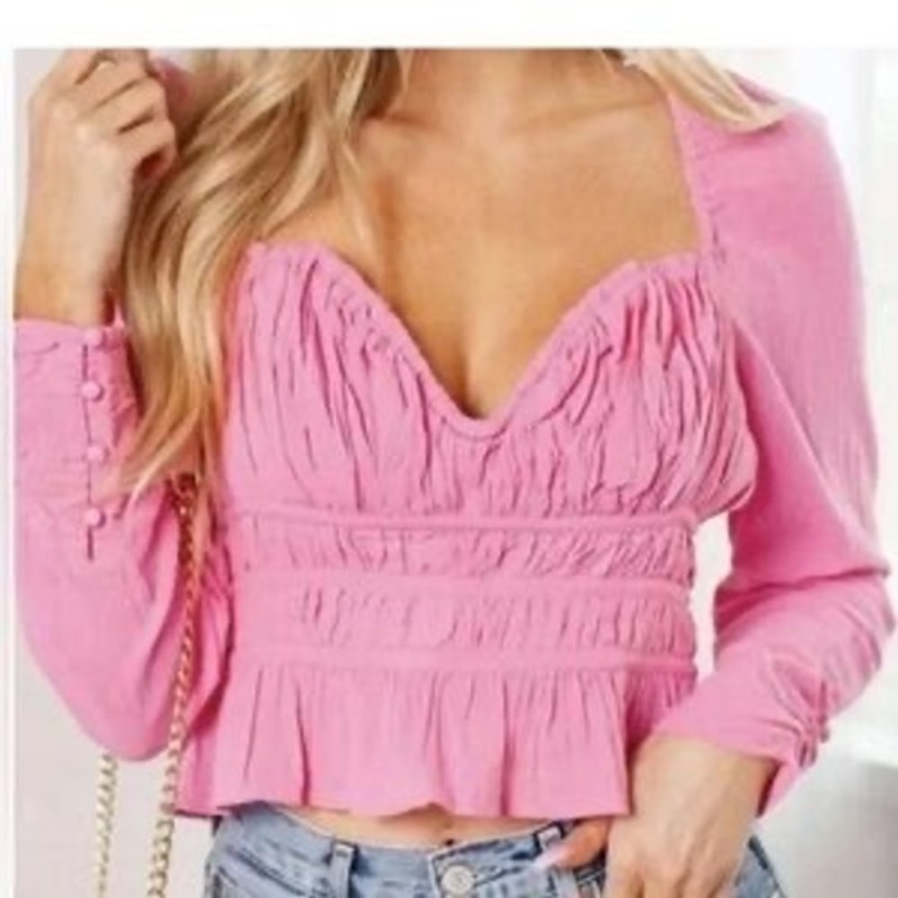 Free People Chloe Top Pink Smocked Long Sleeve Pleated Sweetheart Crop XS NEW
